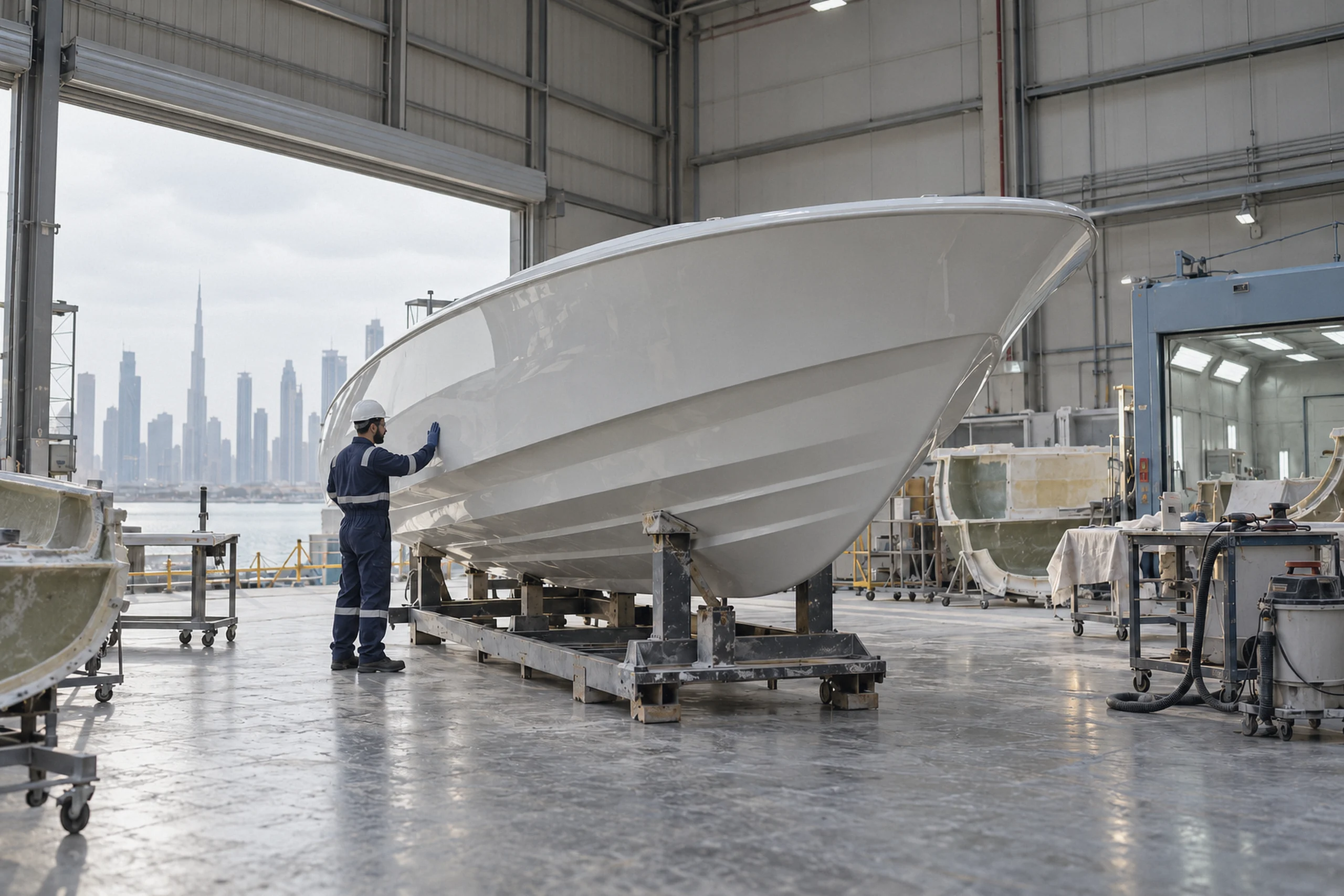 A new fiberglass boat hull released from its mould, inspected by a craftsman in PPE