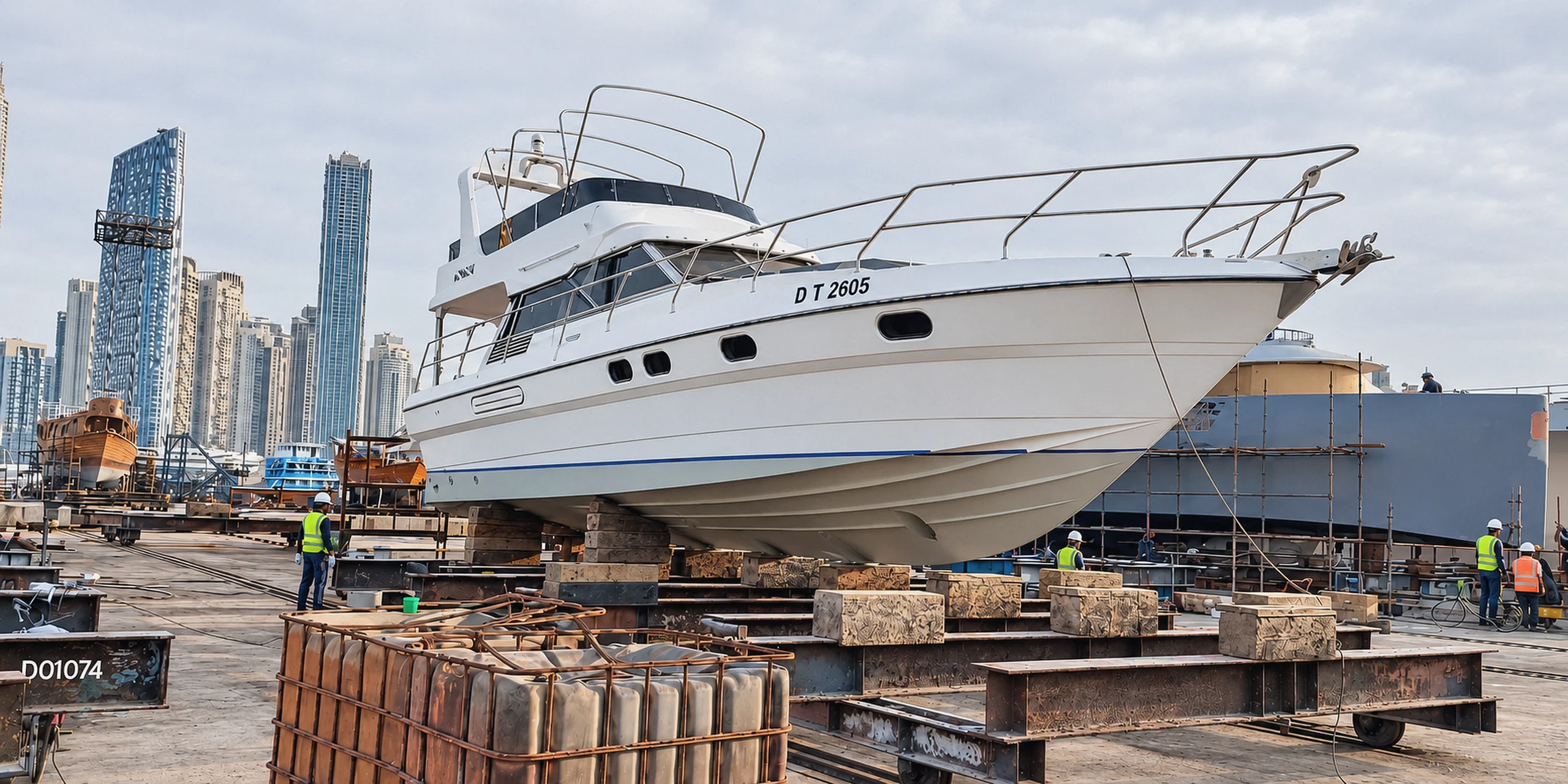 A flybridge motor yacht on the hardstand at the Dubai Maritime City docking yard